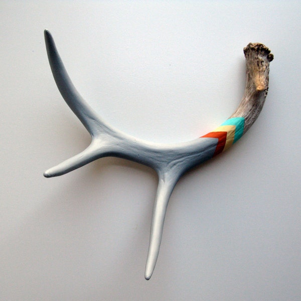 Gray, Orange, Cream & Aqua Chevron Painted Antler - Medium