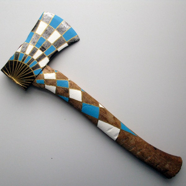 Gold, White & Blue Geometric Sunburst Painted Hatchet