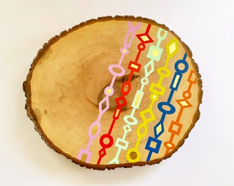 Pattern Painted Wood Slice with Gold Leaf - Wall Hanging or Home Decor