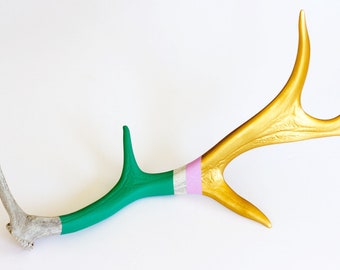 Painted Antler - LARGE - Fallow - Gold, Lavender & Green Striped