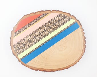 Striped Painted Wood Slice - Orange, Gold, Peach, Lemonade, Blue & Black - Wall Hanging or Home Decor