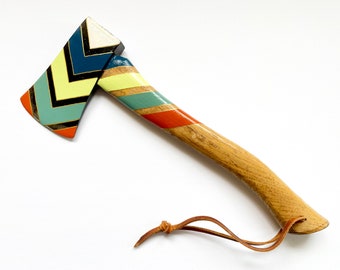 Vintage Hatchet - White, Blue, Yellow, Orange & Green Chevron - Home Decor