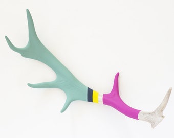 Painted Antler - LARGE Fallow - Green, Navy, Yellow & Fuchsia Striped