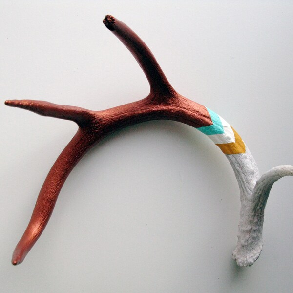 Copper, Aqua, White & Yellow Chevron Painted Antler - Medium/Large