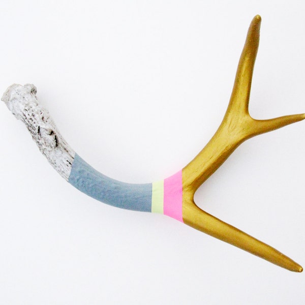 Gold, Pink, Lemonade & Gray Striped Painted Antler - Medium