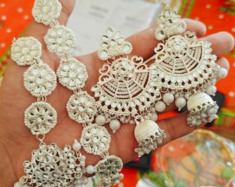 Pendientes Kundan Polki/Kundan Jhumkas/Pendientes Indain/jhumkas/joyería india/jhumka india larga con mangtika y mathapatti set (combo de 3)