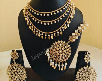 Kundan Choker Halskette Set mit Ohrringe und Maang Tikka – Messing, indischer Hochzeitsschmuck