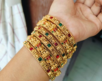 Gold Plated Indian Bangles Set of 6: Brass Jewelry