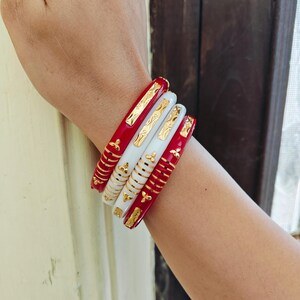 Shakha pola bangles set: Red white indian wedding jewellery set of 4