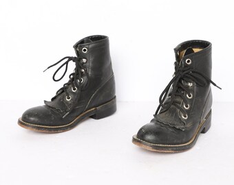 vintage kids JUSTIN brand fringe tongue BLACK leather toddler kids size 10.5 kids combat western boots -- Justin Brand