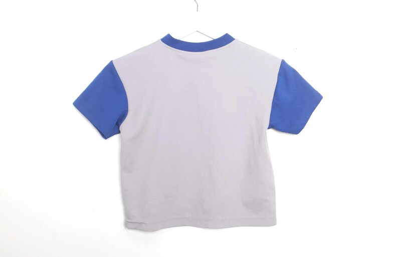 Puede incluir: Una camiseta de manga corta con cuerpo blanco y mangas y cuello azules. La camiseta est&aacute; colgada de una percha blanca sobre un fondo blanco. La camiseta es de color s&oacute;lido.