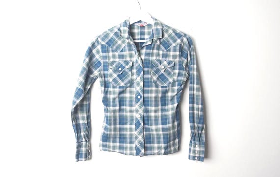 vintage H Bar C western shirt 1950s 60s embroidered white and blue cotton button shirt -- size youth large rodeo wear - FREE shipping
