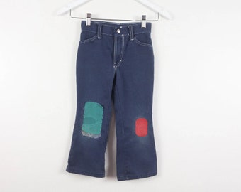 vintage KID's patchwork mid-century 1950s 60s denim patched distressed authentic vintage pants jeans -- youth medium