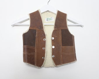 vintage kids 2T leather SHEARLING rodeo cowboy warm cozy vest -- kids vintage mid century