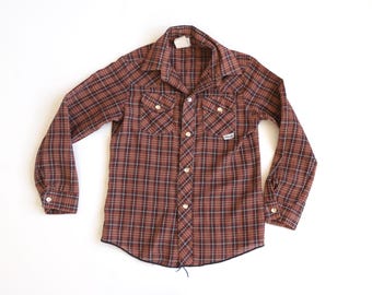 vintage 1980s AUSTIN texas YOUTH small size 7 Snapbutton WESTERN rodeo Wrangler brand cowboy shirt -- size 7 listed