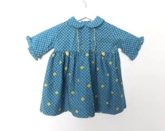 vintage KID'S mid-century BLUE and yellow 1950s 60s authentic vintage dress -- size 12 months