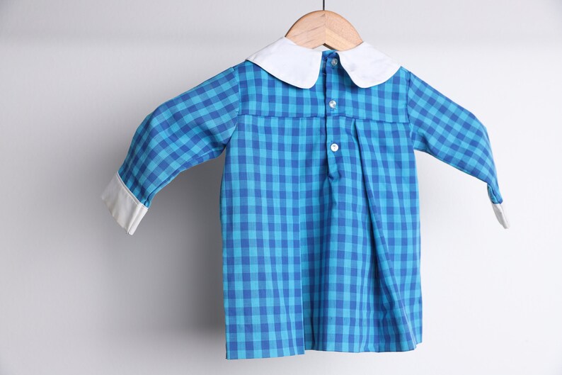 vintage BLUE on blue mid-century kids DRESS plaid with white contrast collar 1950s 60s dress size 12 months