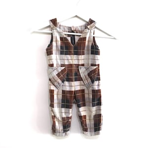 Vintage 1960s PLAID brown and blue grunge onesie vintage kids mid century jumper -- 12-18 months