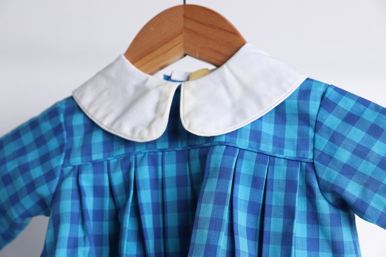 vintage BLUE on blue mid-century kids DRESS plaid with white contrast collar 1950s 60s dress size 12 months