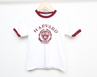 vintage 1960s 70s CHAMPION brand HARVARD UNIVERSITY youth size large (women's extra small) white and maroon ringer champion brand t shirt