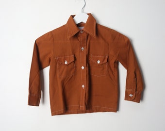 vintage RUST 1960s 70s contrast stitch KID'S mid century vintage button down long sleeve shirt -- size 5T