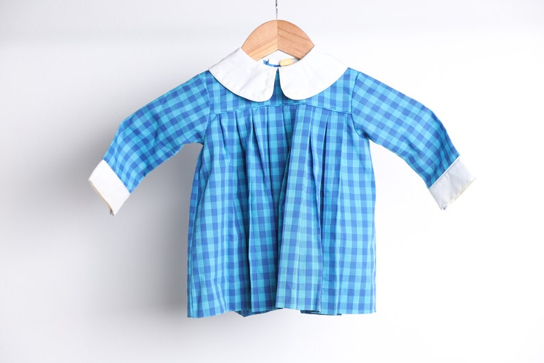 vintage BLUE on blue mid-century kids DRESS plaid with white contrast collar 1950s 60s dress size 12 months