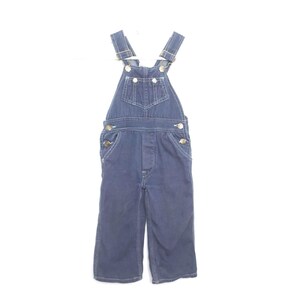 May include: Dark blue denim overalls featuring a bib pocket, adjustable shoulder straps with metal buckles, and side button closures. The garment includes two front hip pockets and two back pockets, finished with contrast stitching throughout.