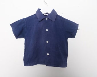 vintage MID-Century 2t BLUE & white kids surf button down CALIFORNIA dreaming navy blue 1960s button down shirt -- size 2T