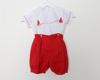 Vintage kids white and red sailor playsuit two piece vintage baby toddler kids playsuit--- 12 months