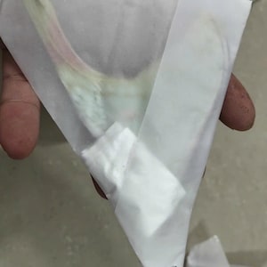 May include: A triangular, semi-transparent white paper envelope containing a pale, iridescent object with subtle green and pink hues. The paper is folded into a point at the bottom, and the contents are partially visible through the thin, frosted material.