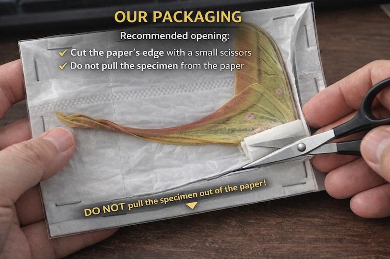 K&ouml;nnte beinhalten: Ein Mottenfl&uuml;gel-Pr&auml;parat in wei&szlig;em Papier und einer transparenten Kunststoffh&uuml;lle. Text: OUR PACKAGING, Recommended opening: Cut the paper's edge with a small scissors, Do not pull the specimen from the paper, DO NOT pull the specimen out of the paper!