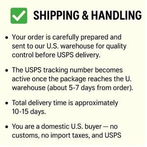 Pu&ograve; includere: Testo su sfondo color crema con la scritta "SHIPPING & HANDLING" e un'icona di spunta verde. I punti elenco descrivono la preparazione dell'ordine, il monitoraggio, i tempi di consegna (10-15 giorni) e le informazioni per gli acquirenti statunitensi.