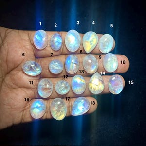 May include: Eighteen polished moonstone cabochons arranged in rows, each numbered 1 through 18. These translucent gemstones display iridescent blue and white flashes, featuring oval and teardrop shapes with smooth, rounded surfaces.