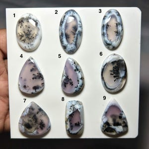 May include: A collection of nine polished dendritic agate cabochons arranged in a grid on a white display card. Each stone features a translucent, pale pinkish-white base with dark, fern-like manganese oxide inclusions. Numbered 1 through 9.