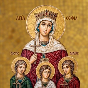 Può includere: Icona raffigurante una donna incoronata che tiene una croce, circondata da un'aureola dorata. Sotto ci sono tre figure con aureole. L'immagine contiene testo in lingua straniera.