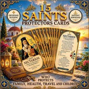 15 Orthodox Protection Saints Double-Sided Cards with Prayer – Byzantine Christian Printable Bundle for Family, Health, Travel & Work