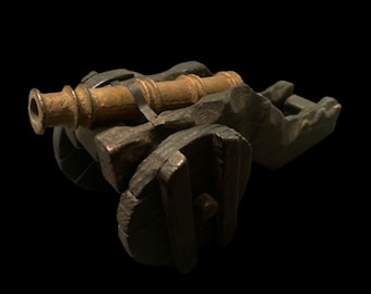 1920-1949 Vintage Antique Hand-carved Collectible Spanish Imperial "Carlos 1" Cannon with Cast Iron/Brass Barrel