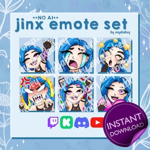 May include: A digital emote set featuring six illustrations of a blue-haired character with various expressions, including waving, crying, and celebrating. The text reads **NO AI** JINX EMOTE SET by onyxbabey and INSTANT DOWNLOAD on a purple circle.