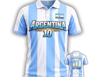 Polo de Argentina con nombre y número personalizados, polo 3D azul y blanco, regalo para aficionados al fútbol.