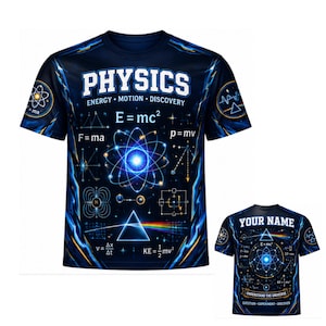 Puede incluir: Una camiseta de manga corta azul oscuro con un estampado gráfico de física. El diseño incluye la palabra PHYSICS, fórmulas como E=mc2, F=ma, p=mv, una ilustración central de un átomo, un prisma de luz y detalles de rayos azules.