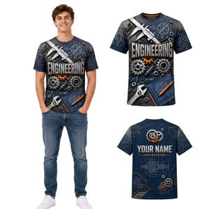 May include: A dark blue short-sleeve t-shirt featuring a graphic print of engineering tools including a calliper, gears, a wrench, and a pencil over technical blueprints. The front displays the word ENGINEERING, while the back shows YOUR NAME.