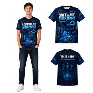 May include: A short-sleeved t-shirt featuring a dark blue digital circuit board pattern with glowing light blue accents. The front displays the text SOFTWARE ENGINEERING with code snippets and icons. The back includes the text YOUR NAME.
