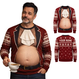 May include: A long-sleeve crewneck jumper in dark red featuring a printed design of an open tuxedo jacket, a white cravat, and a bare chest with a protruding belly. The sleeves have white snowflake and dinnerware patterns. The back displays the text YOUR NAME.