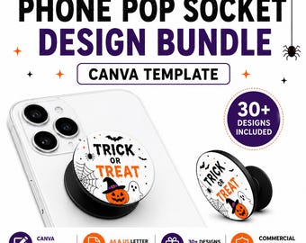 Pack de 30 modèles de supports de téléphone Pop Socket de 1,55 pouce pour Halloween, formats A4 et Lettre US, licence commerciale, téléchargement instantané