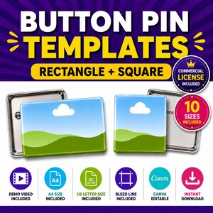 Button Pin Template Bundle Rectangle & Square, Editable Canva Pin Back Button, Bleed Line Insert, 10 Sizes, A4 and Letter, Instant Download.