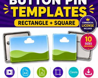 Button Pin Template Bundle Rectangle & Square, Editable Canva Pin Back Button, Bleed Line Insert, 10 Sizes, A4 and Letter, Instant Download.