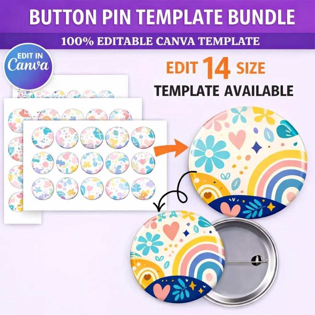 Button Pin Template Bundle Digital Download, Custom Editable Badge ...