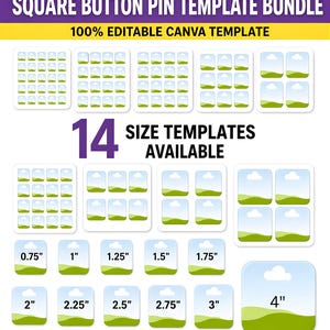 Puede incluir: Gráfico que presenta un paquete de plantillas de pines cuadrados con 14 plantillas de tamaño disponibles. Los tamaños varían de 1,9 cm a 10,2 cm. El texto "SQUARE BUTTON PIN TEMPLATE BUNDLE" y "100% EDITABLE CANVA TEMPLATE" se muestran en la parte superior.