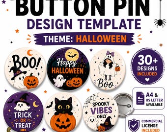 Modèles de badges de 5,7 cm (2,25 pouces) sur le thème d'Halloween, plus de 30 modèles Canva, cadeaux d'invités, formats A4 et Lettre US, téléchargement instantané