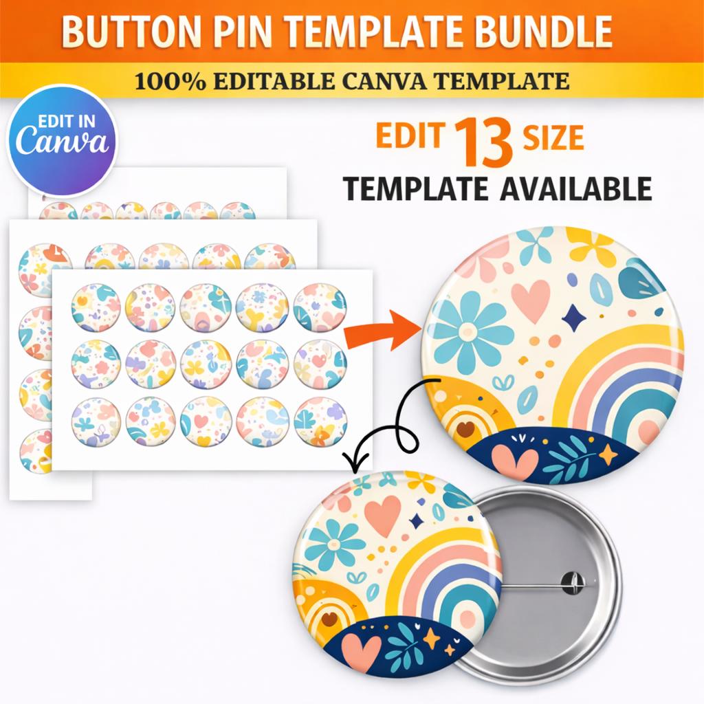Button Pin Template Bundle Digital Download, Editable Badge Circle ...